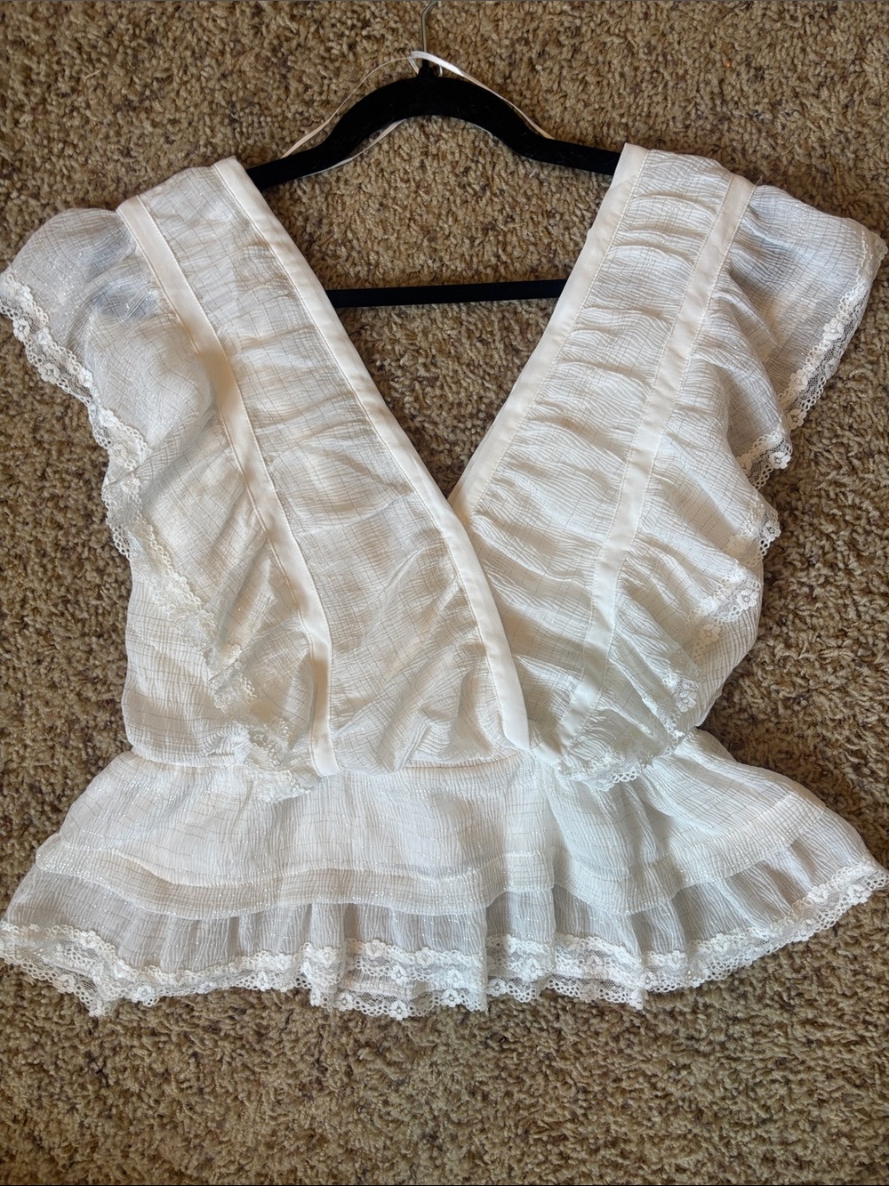 Delicate White Lace-Trim Peplum Blouse